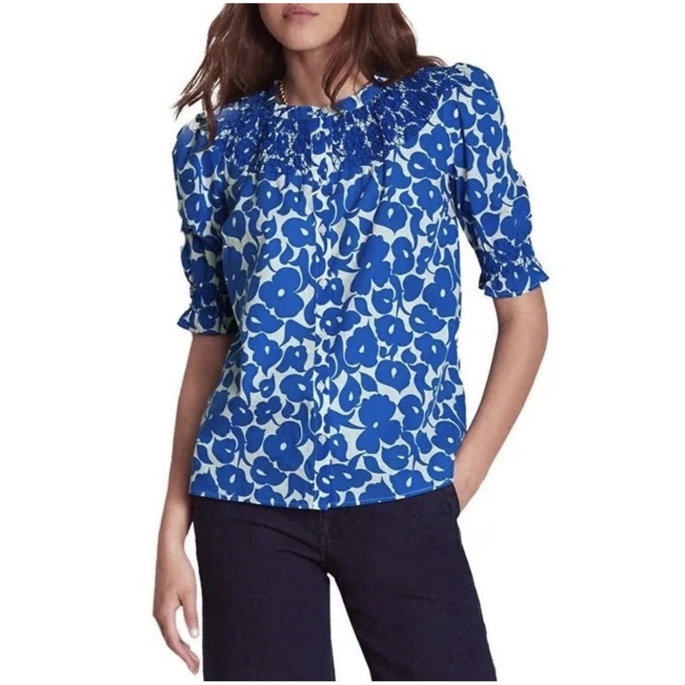 BODEN Effie Top Size US 16-18 Blue White Floral Smocked Cotton Blouse Poplin